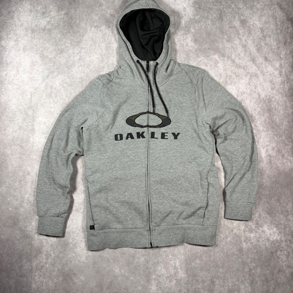 Oakley Gray Full Zip Fleece Hoodie Sweatshirt Small Logo Graphic Y2k Skater